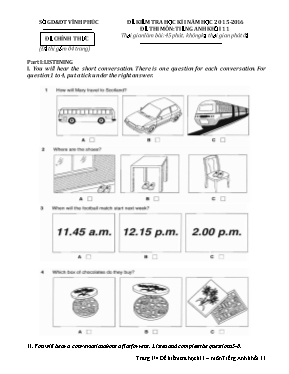 Đề kiểm tra học kì I môn Tiếng Anh Lớp 11 - Năm học 2015-2016 - Sở GD & ĐT Vĩnh Phúc (Có đáp án)